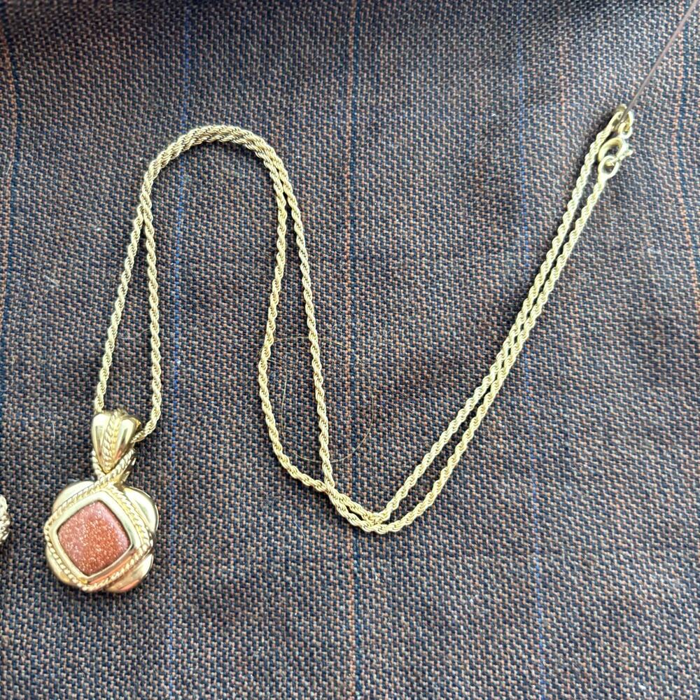 New Gold Tone 925 Sterling Silver Goldstone Pendant Necklace Italy 19"